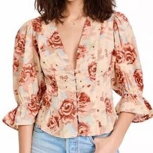 {Free People} Rose Print Peplum Ruffle Top